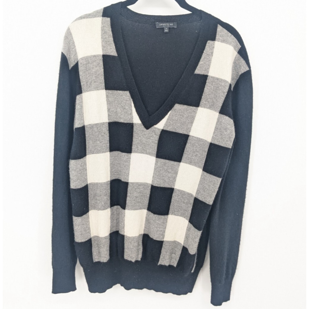 Lafayette 148 Sweater Womens Small Black Check Knit Plaid Academia Pullover